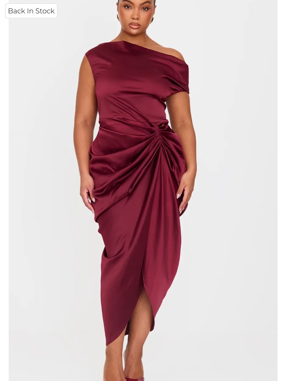 PrettyLittleThing One-Shoulder Draped Midi Dress in Burgundy
